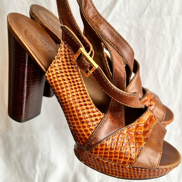 Tory Burch Shoes - Tory Burch vintage platform sling backs, brown leather with gold hardware. 2008.